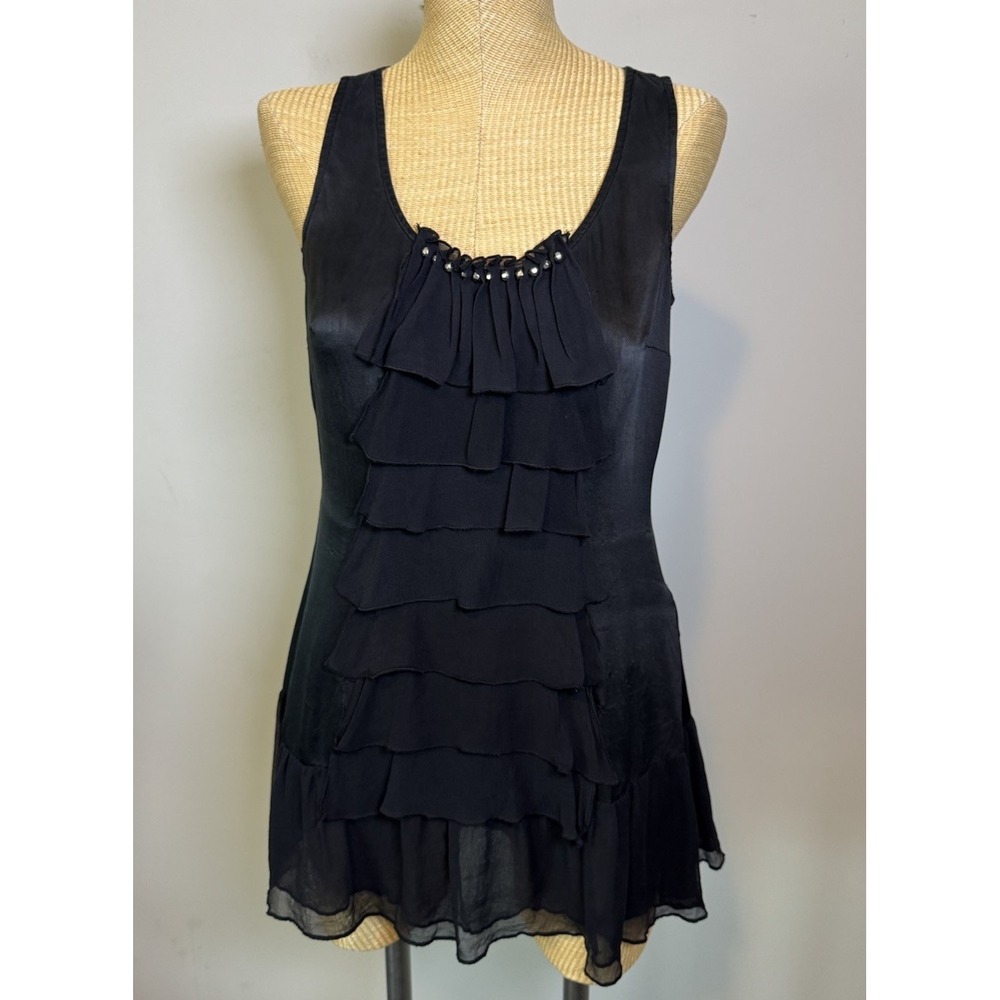 White House Black‎ Market Top Blouse Silk Sleeveless Ruffle Black Women's Small